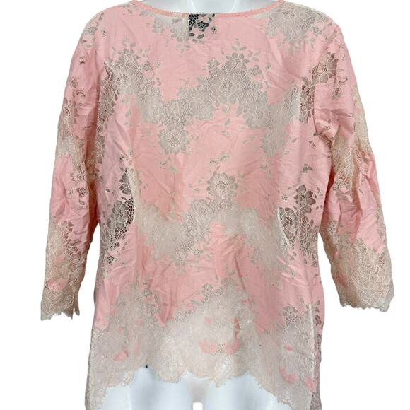 Linea by Louis Dell'Olio Pink Lace Sheer 3/4 Sleeve Womens Top Shirt sz 14 - Picture 13 of 16